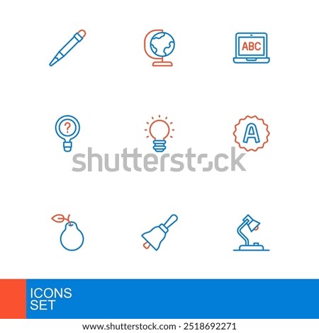 Set line Table lamp, Ringing bell, Pear, Exam sheet with A plus grade, Unknown search, Creative light idea, Laptop and Earth globe icon. Vector