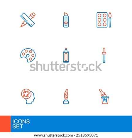 Set line Paint bucket with brush, Feather and inkwell, spray, Eyedropper color picker palette, Palette, Marker pen, Watercolor paints box and Stationery knife icon. Vector