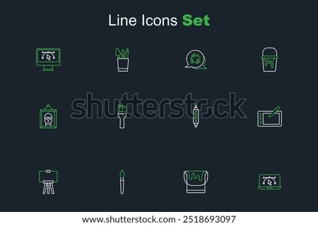 Set line Computer with design program, Paint bucket, brush, Wood easel, Graphic tablet, Marker pen,  and Picture icon. Vector