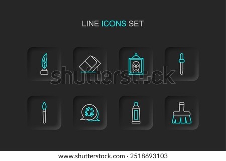 Set line Paint brush, Tube with paint palette, spray, Eyedropper color picker, Picture, Eraser rubber and Feather and inkwell icon. Vector