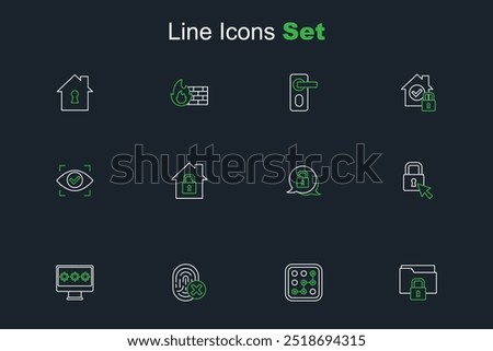 Set line Folder and lock, Graphic password protection, Cancelled fingerprint, Monitor with, Lock, House under and Eye scan icon. Vector