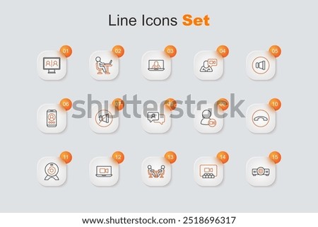 Set line Movie, film, media projector, Video chat conference, Meeting, Web camera, Telephone handset,  and Speech bubble icon. Vector