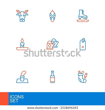 Set line Christmas stocking, Champagne bottle, chimney, Discount percent tag, Burning candle, mittens, Skates and toy icon. Vector