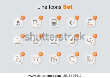 Set line Advertising, Headphones, Human and money, Online shopping screen, Time management,  and Market analysis icon. Vector