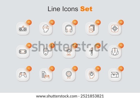 Set line Chest for game, Power button, Game rating with medal, console joystick, controller, Computer mouse, VR and  icon. Vector