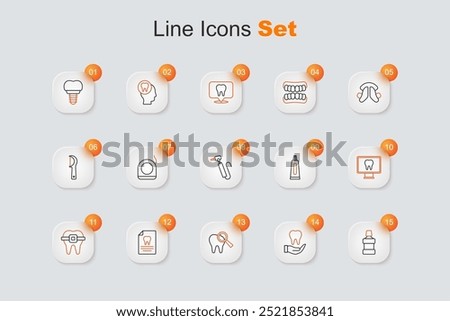 Set line Mouthwash, Tooth, Broken tooth, Clipboard with dental card, Teeth braces, Online care, Tube of toothpaste and drill icon. Vector