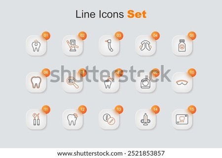 Set line X-ray of tooth, Syringe, Toothache painkiller tablet, Broken, Dental mirror and probe, Safety goggle glasses, floss and with caries drill icon. Vector