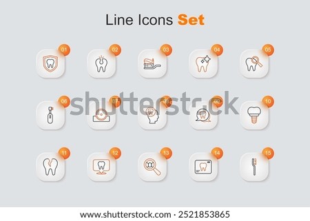 Set line Toothbrush, X-ray of tooth, Dental search, clinic location, Broken, implant,  and Toothache icon. Vector