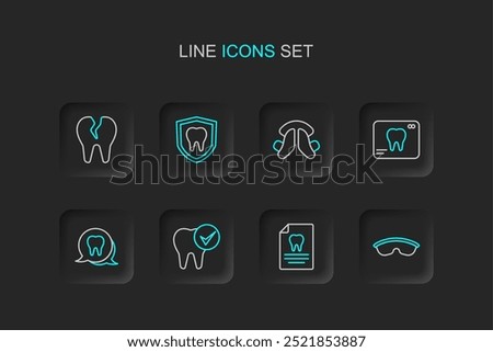 Set line Safety goggle glasses, Clipboard with dental card, Tooth, X-ray of tooth, Dental plate, protection and Broken icon. Vector