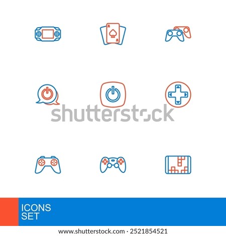 Set line Portable video game console, Game controller joystick, Power button,  and Playing cards icon. Vector