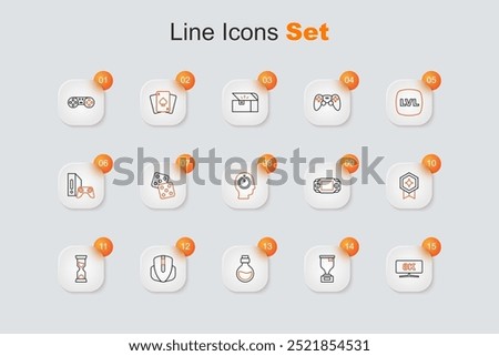 Set line Computer monitor, Award cup, Bottle with magic elixir, mouse, Old hourglass, Game rating medal, Portable video game console and Power button icon. Vector