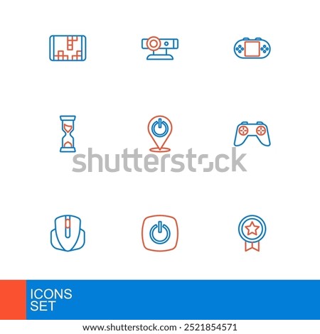 Set line Game rating with medal, Power button, Computer mouse, controller or joystick, Old hourglass, Portable video game console and Web camera icon. Vector