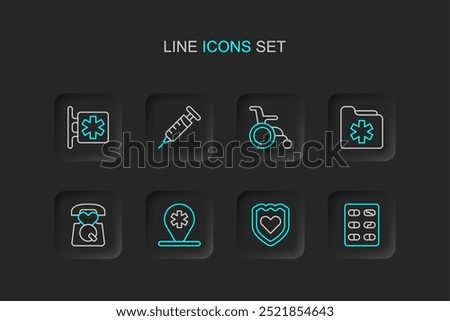 Set line Pills in blister pack, Immune system, Location hospital, Emergency call 911, Medical health record folder, Wheelchair for disabled person, Syringe and - Star of Life icon. Vector