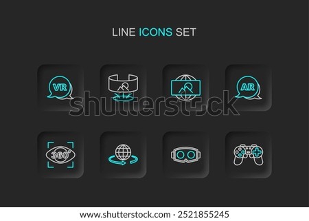 Set line Gamepad, Virtual reality glasses, 3d modeling, 360 degree view, Augmented AR, Wide angle picture,  and  icon. Vector