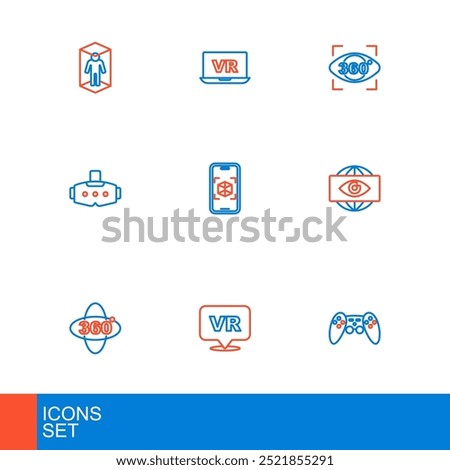 Set line Gamepad, Virtual reality, 360 degree view, Big brother electronic eye, glasses, 3d modeling,  and  icon. Vector