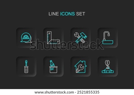 Set line Crane hook, House with wrench spanner, Paint bucket brush, Screwdriver, Washbasin, Window room, Corner ruler and Worker safety helmet icon. Vector