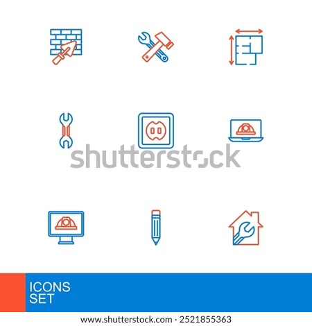 Set line House with wrench spanner, Pencil eraser, Worker safety helmet, Wrench, Electrical outlet, plan and Window in room icon. Vector