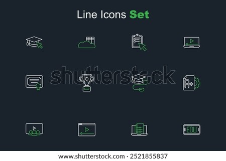 Set line Online education, quiz, test, survey, play video, class, Exam sheet with A plus grade, Graduation cap mouse, Award cup and Certificate template icon. Vector