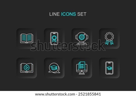 Set line Graduation cap on mobile, Online quiz, test, survey, speech bubble, Audio book, education with diploma, Web camera,  and Open icon. Vector