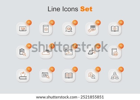 Set line Online class, Question and Answer, Open book, education, Book with apple, Audio,  and play video icon. Vector