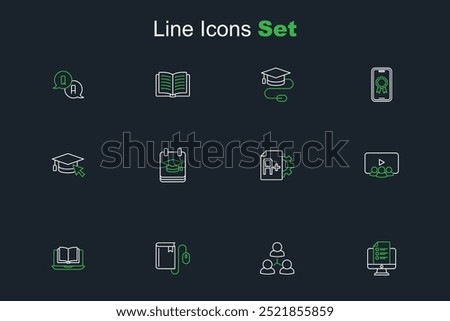 Set line Online quiz, test, survey, class, Electronic book with mouse, Exam sheet A plus grade, education and Graduation cap cursor icon. Vector