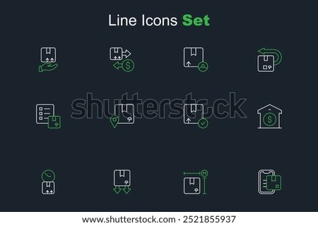 Set line Document tracking marker, Cardboard box measurement, with traffic symbol, clock, Warehouse price, Carton cardboard, Location and Verification of delivery list icon. Vector