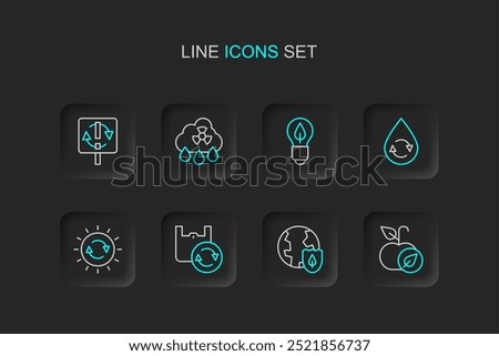 Set line Apple, Earth with shield, Shopping bag recycle, Solar energy panel, Recycle clean aqua, Light bulb leaf, Acid rain radioactive cloud and symbol icon. Vector