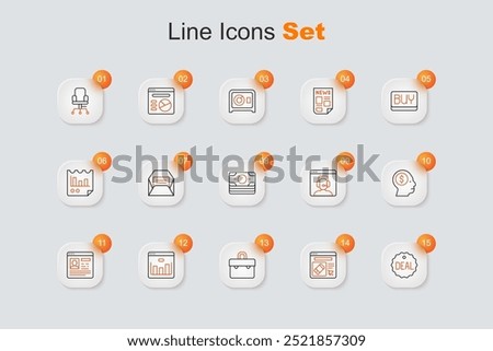 Set line Deal, Online shopping on screen, Briefcase, Browser with stocks market, Resume, Business man planning mind, Telephone 24 hours support and Stacks paper money cash icon. Vector