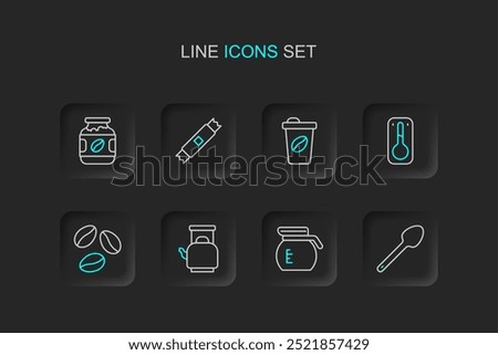 Set line Teaspoon, Coffee pot, Kettle with handle, beans, thermometer, cup to go, Sugar stick packets and jar bottle icon. Vector