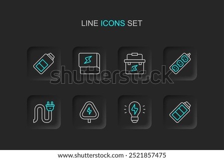 Set line Battery charge, Creative lamp light idea, High voltage, Electric plug, extension, Toolbox electrician, Book about electricity and  icon. Vector