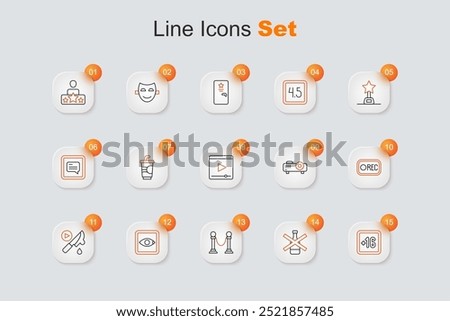 Set line Plus 16 movie, No alcohol, Rope barrier, Rating, Thriller, Record button, Movie, film, media projector and Online play video icon. Vector