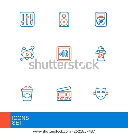 Set line Comedy theatrical mask, Movie clapper, Popcorn in cardboard box, Science fiction, Romantic movie, Plus 16, CD disk award frame and Stereo speaker icon. Vector