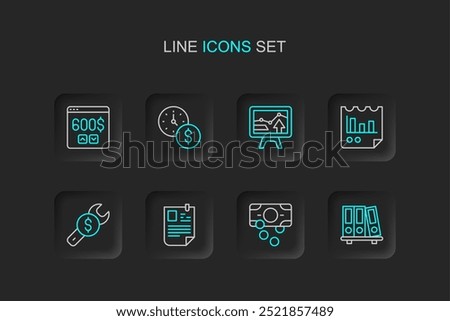 Set line Office folders, Stacks paper money cash, Resume, Repair price, Document with graph chart, Monitor, Time is and dollar icon. Vector