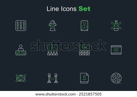 Set line Film reel, Scenario, Rope barrier, Prohibition no video recording, 4k movie, Cinema auditorium with screen,  and Actor star icon. Vector