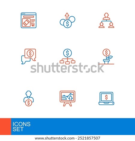 Set line Laptop with dollar, Monitor graph chart, Business investor, Dollar plant, negotiations, Hierarchy, Employee hierarchy and Financial growth icon. Vector