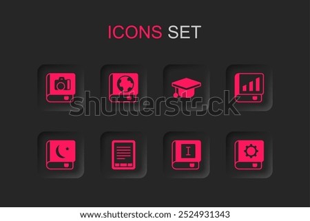 Set E-Book reader, Earth globe and book, Photo album gallery, Financial, User manual, Graduation cap and Holy of Koran icon. Vector