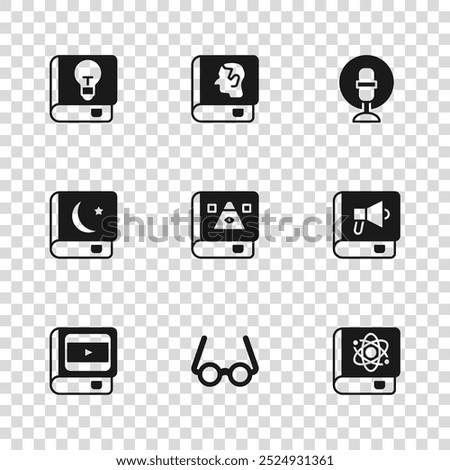 Set Glasses, Book, about physics, Ancient magic book, Microphone, User manual, Law and Holy of Koran icon. Vector