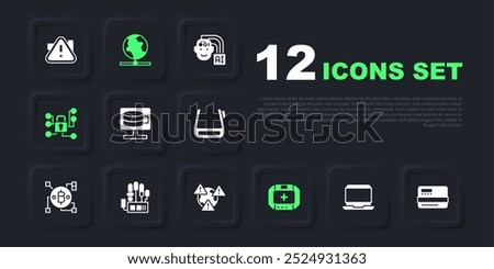 Set Laptop, Credit card, Cloud database, First aid kit, Cyber security, Mechanical robot hand, Global technology and Earth with exclamation mark icon. Vector