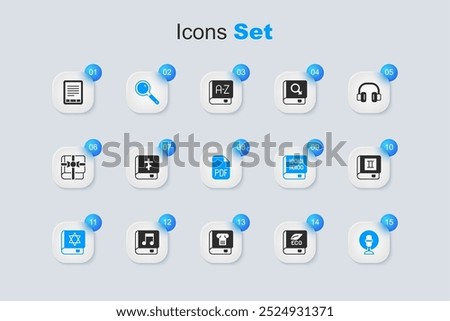 Set Book about ecology, Holy bible book, Magnifying glass, Jewish torah, Microphone, E-Book reader and PDF file document icon. Vector