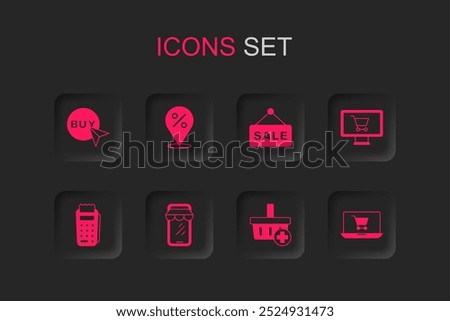 Set Online shopping on phone, Location with percent, Buy button, Add Shopping basket, cart monitor, screen laptop, Hanging sign text Sale and POS terminal icon. Vector