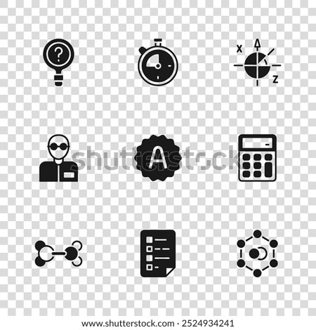 Set Clipboard with checklist, Calculator, Molecule, Exam sheet A plus grade, Trigonometric circle, Unknown search, Stopwatch and Teacher icon. Vector