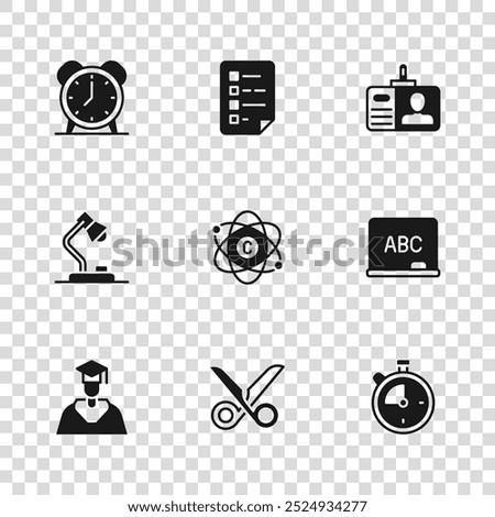 Set Scissors, Chalkboard, Stopwatch, Atom, Identification badge, Alarm clock, Clipboard with checklist and Table lamp icon. Vector