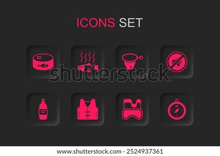 Set Fishing jacket, Dead fish, Canned, Diving mask, Speaker mute, Compass, net and Bottle of vodka icon. Vector