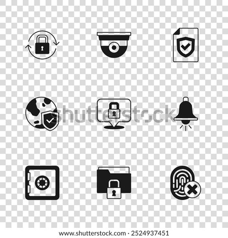 Set Folder and lock, Ringing alarm bell, Cancelled fingerprint, Lock, Contract with shield, Security camera and Shield world globe icon. Vector