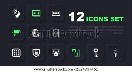 Set Old key, Key, Cancelled fingerprint, Open padlock, Security camera, Shield security with, Safe and Password protection icon. Vector