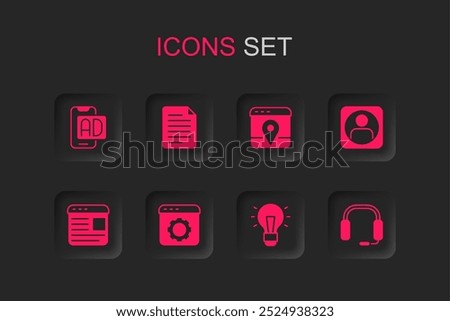 Set Browser setting, File document, Advertising, Light bulb, Create account screen, Headphones, Infographic of city map and  icon. Vector