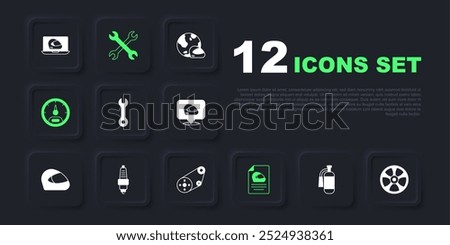 Set Fire extinguisher, Alloy wheel for car, Wrench spanner, Racing helmet, Speedometer, Car spark plug,  and Timing belt kit icon. Vector