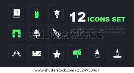 Set Santa Claus hat and beard, Burning candle, Christmas ringing bell, Mail box, Winter scarf, Envelope, Discount percent tag and star icon. Vector