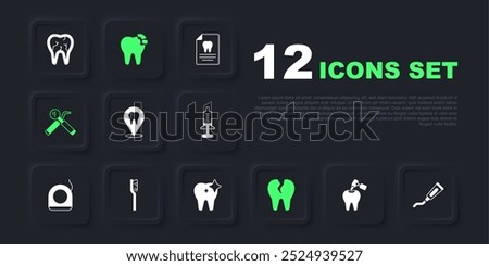 Set Tooth with caries and drill, Tube of toothpaste, Dental clinic location, Broken, mirror probe, Toothbrush,  and whitening icon. Vector