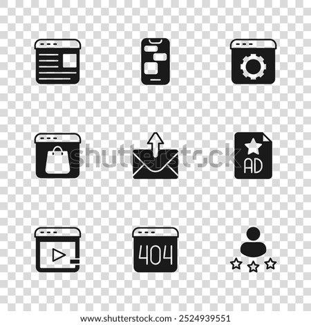 Set Page with a 404 error, Advertising, Consumer product rating, Mail and e-mail, Browser setting, Mobile 24 hours support and Online shopping screen icon. Vector